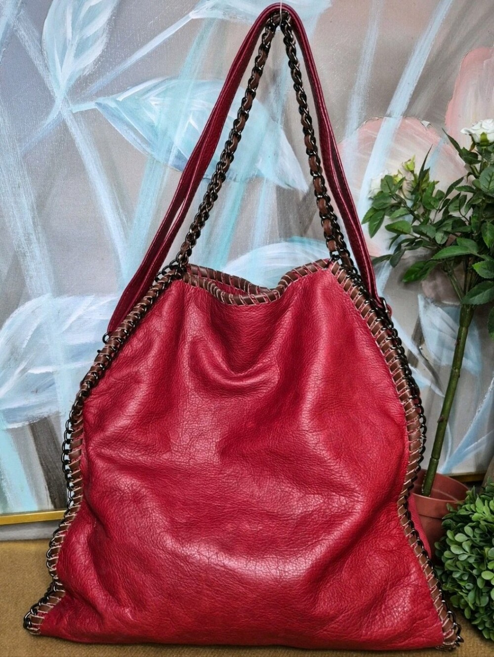 Lavorazione Artigianale Red Leather Chain Trim Made In Italy Bag